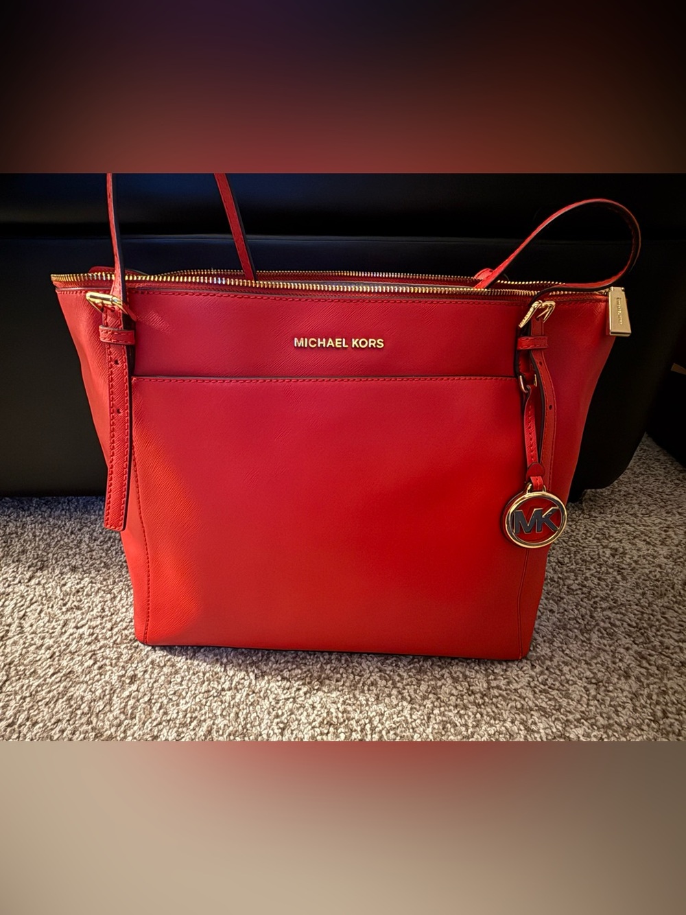 Michael Kors Red Leather Zip-Top Tote with MK Charm